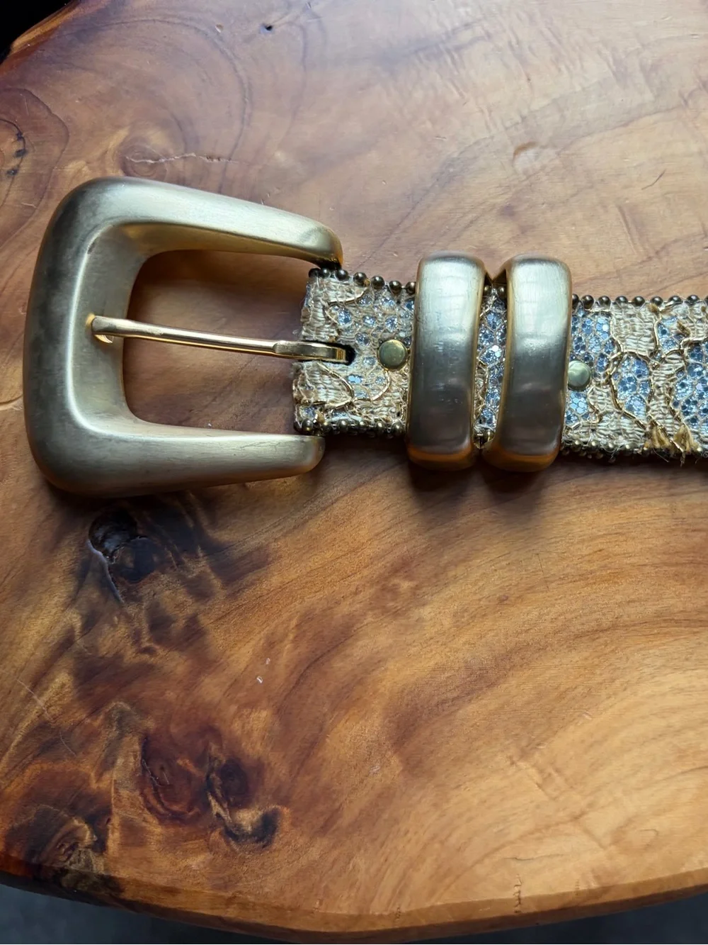 Embellished Metallic Floral Leather Belt - Gold/Brown